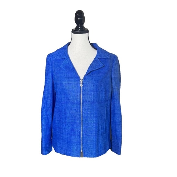 Carlisle Jackets & Blazers - CARLISLE Blue Silk Tweed Zip-Front Jacket Blazer US 2 UK 4 Cropped Preppy Mod